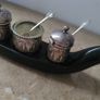 20th Century malaysian silver condiment set in carved/polished horn base tray of a bird Image 3