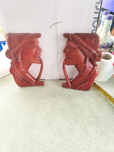 Vintage Wooden Carved Native American Man and Woman Heads w Pipes Wall Art