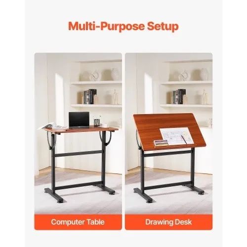 Drafting Table, Adjustable 0-90 Tilt Drawing Desk, Portable Artist Table with Black H-Frame and Brown Desktop