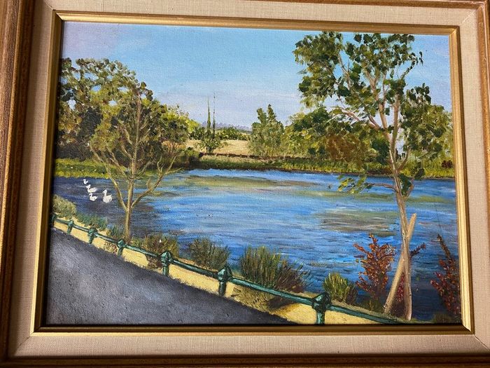 picture oil on board painting. Features a serene scene