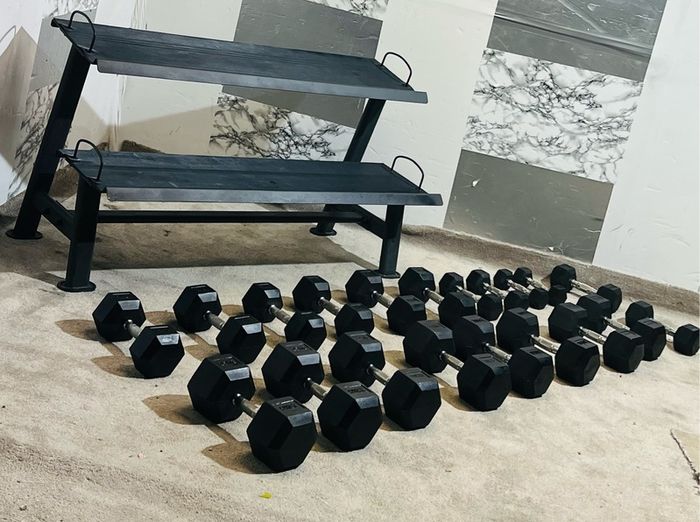Hex Dumbbells With 2 Tier Rack