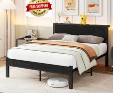 Double Bed Frame Metal Platform Bed Frame with Wood Headboard/Mattress Base/Underbed Storage/No Box Spring Needed/Black