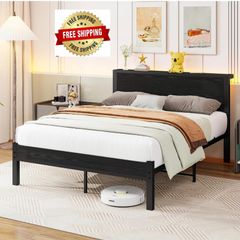 Double Bed Frame Metal Platform Bed Frame with Wood Headboard/Mattress Base/Underbed Storage/No Box Spring Needed/Black