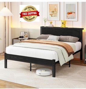 Double Bed Frame Metal Platform Bed Frame with Wood Headboard/Mattress Base/Underbed Storage/No Box Spring Needed/Black