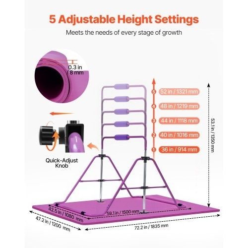 Gymnastic Bars for Kids, 63.5 kg Capacity Folding Training Kip Bar with Mat, Adjustable Height Gymnastic Horizontal Bar for Home, Training Equipment for Indoor Outdoor, Easy to Assemble, Purple