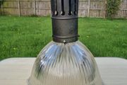 Original hanging ceiling lamp with a ribbed shade made of holophane glass (Holophane)
