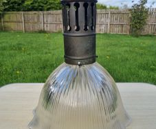 Original hanging ceiling lamp with a ribbed shade made of holophane glass (Holophane)