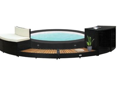Spa Surround Black Poly Rattan And Solid Acacia Wood