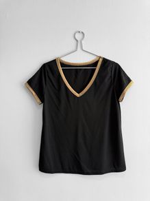 Pre Owned Black V-Neck Top with Metallic Gold Trim