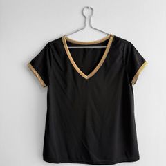 Pre Owned Black V-Neck Top with Metallic Gold Trim