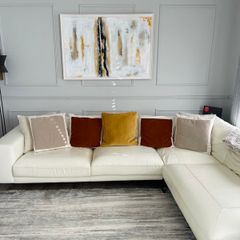 Cream Leather L Couch with Single Seater