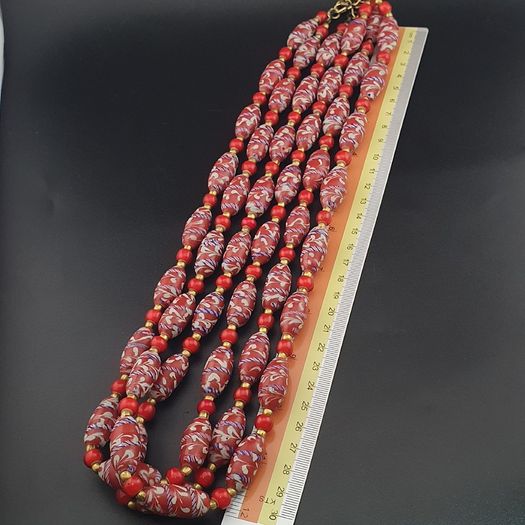 Antique Venetian Style Feather Desgin & Venetian Red WhiteHeart Glass Beads Necklace