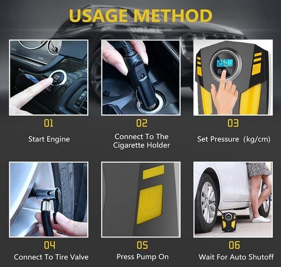Digital Tyre Inflator, Portable Air Compressor Car Tyre Pump with 3 Nozzle Adaptors and Digital LED Light, 12V