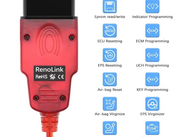 2024 Latest Version Renolink V2.10 OBD2 Diagnostic Cable Tools Airbag ECM UCH Key Code ECU Reset Programmer USB Interface for Renault Dacia , multi language Polish , English French