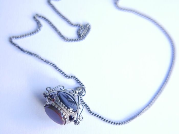 Victorian Sterling Silver 925 Triple Spinning Fob Pendant with  Chain (Onyx Agate Carnelian Spinning Fob) length 19" - 5g