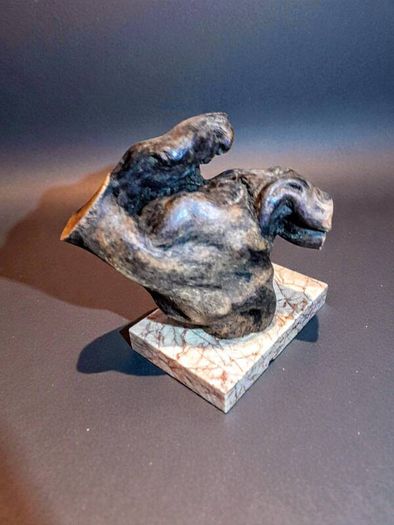Free form bog oak statue on red marble