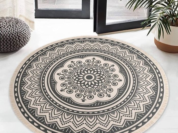 4ft Circle Rug Round Area Rug Cotton Woven Rug with Tassels Washable Mandala Black White Printed for Bedroom Livingroom Kitchen (FREE POSTAGE)