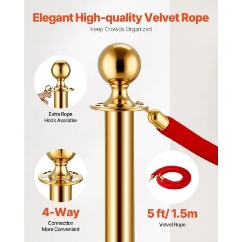 Stanchion Post, 8 Pcs Crowd Control Barrier Set with 6 Red Velvet Ropes, 5 ft Stainless Steel Gold Stanchion Post Queue with Sand Injection Hollow Base for Theater, Party, Wedding, Exhibition
