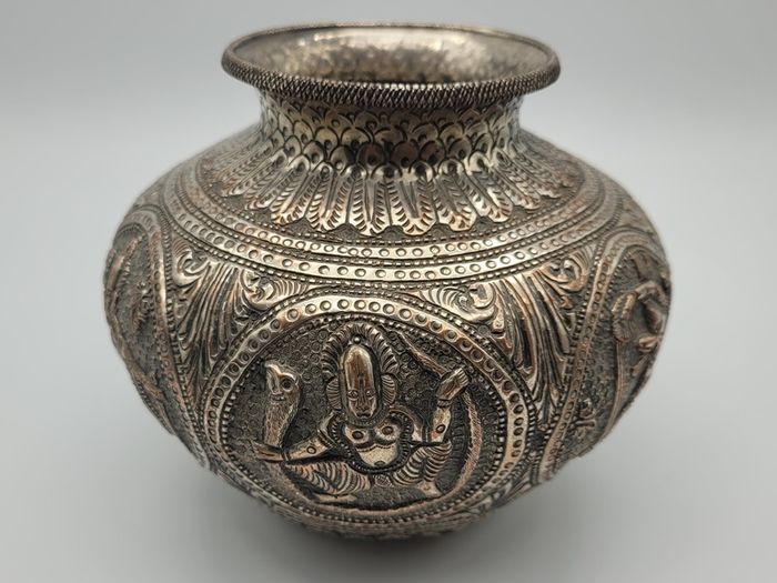 Antique Asian / Oriental White Metal Jar / Vase 19th Century Hand Decorated