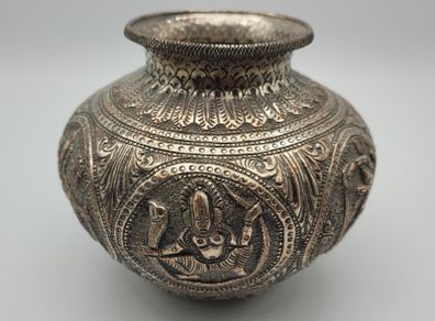 Antique Asian / Oriental White Metal Jar / Vase 19th Century Hand Decorated