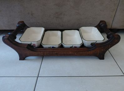 Vintage wooden serving tray with four ramekins