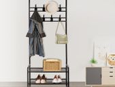 Coat Rack Stand with Shoe Rack and Removable 16 Hooks Free Standing Hall Tree Matte Steel Frame Hat Rack Coat Stand for Storage, Black