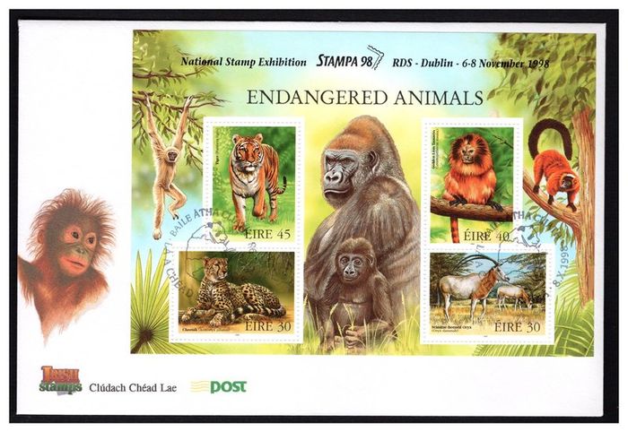 1998 Ireland Stampa Public Souvenir Animals Miniature Sheet with enlarged margin Overprinted for Stampa An Post First Day Cover FDC)