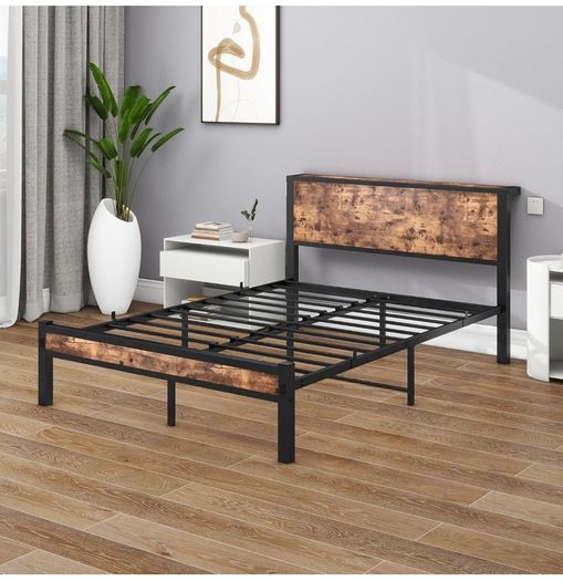 Double Bed Frame with Wooden Storage Shelf Headboard,No Box Spring Needed Metal Platform Bed Frame Double ,Noise Free,Reinforced Strong Support Leg,Textured Black&Brown Oak