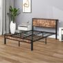 Double Bed Frame with Wooden Storage Shelf Headboard,No Box Spring Needed Metal Platform Bed Frame Double ,Noise Free,Reinforced Strong Support Leg,Textured Black&Brown Oak Image 2
