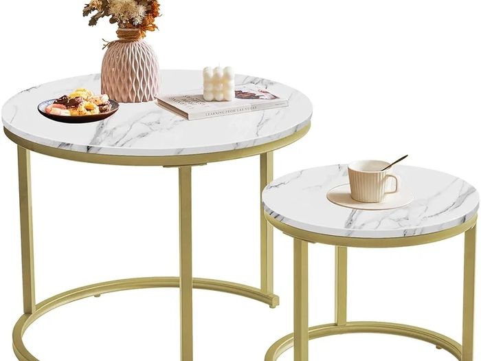 Round Nesting Table, Removable Set of 2 Coffee Tables, Stacking Sofa Side Table End Table, for Living Room, Bedroom, Office, Balcony, Apartment, White and Gold
