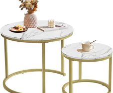 Round Nesting Table, Removable Set of 2 Coffee Tables, Stacking Sofa Side Table End Table, for Living Room, Bedroom, Office, Balcony, Apartment, White and Gold