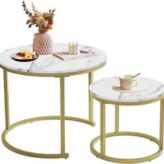 Round Nesting Table, Removable Set of 2 Coffee Tables, Stacking Sofa Side Table End Table, for Living Room, Bedroom, Office, Balcony, Apartment, White and Gold