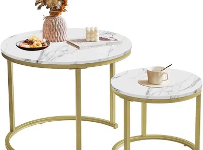 Round Nesting Table, Removable Set of 2 Coffee Tables, Stacking Sofa Side Table End Table, for Living Room, Bedroom, Office, Balcony, Apartment, White and Gold