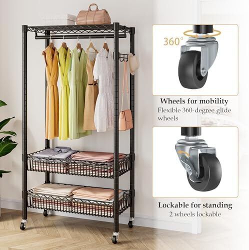 Clothes Rails with Wheels, Heavy Duty Clothing Rail Garment Rack Coat Rails Racks on Wheels, Stand Garment Coat Rack with Hanging Rods, Adjustable Storage Baskets and Hooks
