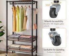 Clothes Rails with Wheels, Heavy Duty Clothing Rail Garment Rack Coat Rails Racks on Wheels, Stand Garment Coat Rack with Hanging Rods, Adjustable Storage Baskets and Hooks