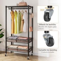 Clothes Rails with Wheels, Heavy Duty Clothing Rail Garment Rack Coat Rails Racks on Wheels, Stand Garment Coat Rack with Hanging Rods, Adjustable Storage Baskets and Hooks