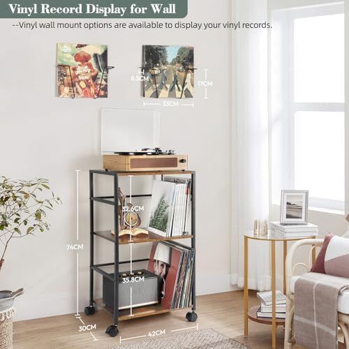 Rolling Record Player Stand with Vinyl Storage for 150 Albums Turntable Side Table Cart with 2 Display Shelves