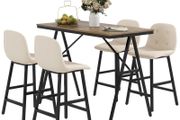 Bar set 5-piece, table and 4 chairs, button tufting, thick padding, linen-look, Beige