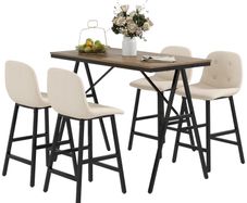 Bar set 5-piece, table and 4 chairs, button tufting, thick padding, linen-look, Beige