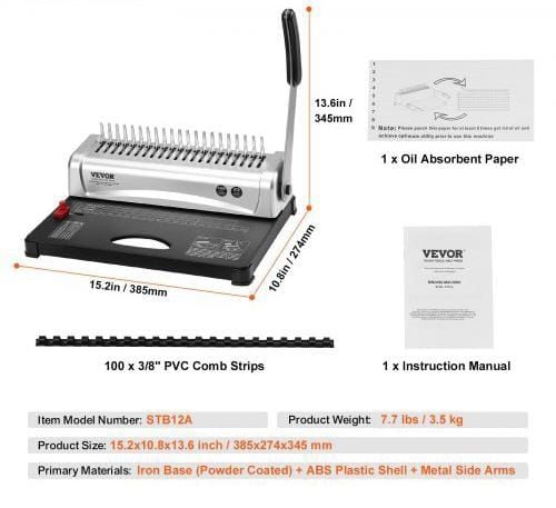 Binding Machine, Comb Binding Machine 21-Holes Binding 450 Sheets, Book Binder Machine with 100 PCS 9.53 mm Comb Binding Spines, for Letter Size, A4, A5