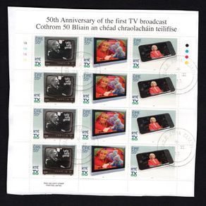 2011 Ireland 50th Anniversary of RTE Stamps Sheetlet Plate 1A1A1A1A Fine Used with Dublin cancel of 24th November 2011 (First day of issue) on envelope extract