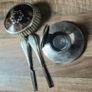 Solid sterling Silver collection, Antique Inkwell, Tortoise shell brush, Silver handles items. Image 4