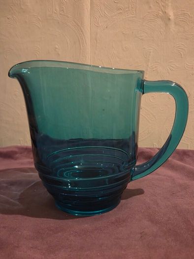 1950's Stepped Ring Base Teal Blue Glass Jug - Made in England