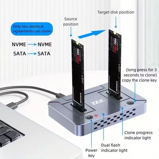 USB3. 2 Dual Disk NVME/SATA Dual Protocol Hard Drive Enclosure, Basic Offline Cloning and Copying Machine, Convenient External Storage, Quick Switching, Office Assistant, Suitable as a Gift, Data Cloning Machine, Fast File Transfer, Stylish Storage