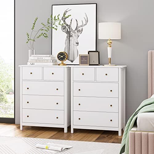 Chest of Drawers, White Sideboard with 5 Drawers, Side Cabinet, Lots of Storage Space, Multi-Purpose Cabinet for Living Room, Bedroom, Hallway, 74 x 40 x 9