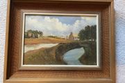 painting Vintage framed oil depicting a countryside landscape scene with a small house and river