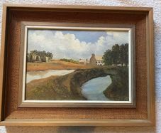 painting Vintage framed oil depicting a countryside landscape scene with a small house and river
