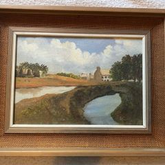 painting Vintage framed oil depicting a countryside landscape scene with a small house and river