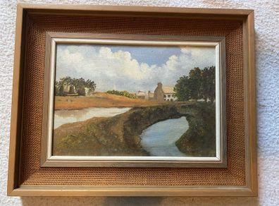 painting Vintage framed oil depicting a countryside landscape scene with a small house and river