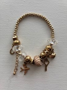 Gold Tone Dangle Charm Bead Bracelet with Bird & Key Charms